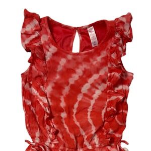 Justice Girls Red White Coral Tie Dye Romper Ruffle Pom Pom Size 10 NWT J4